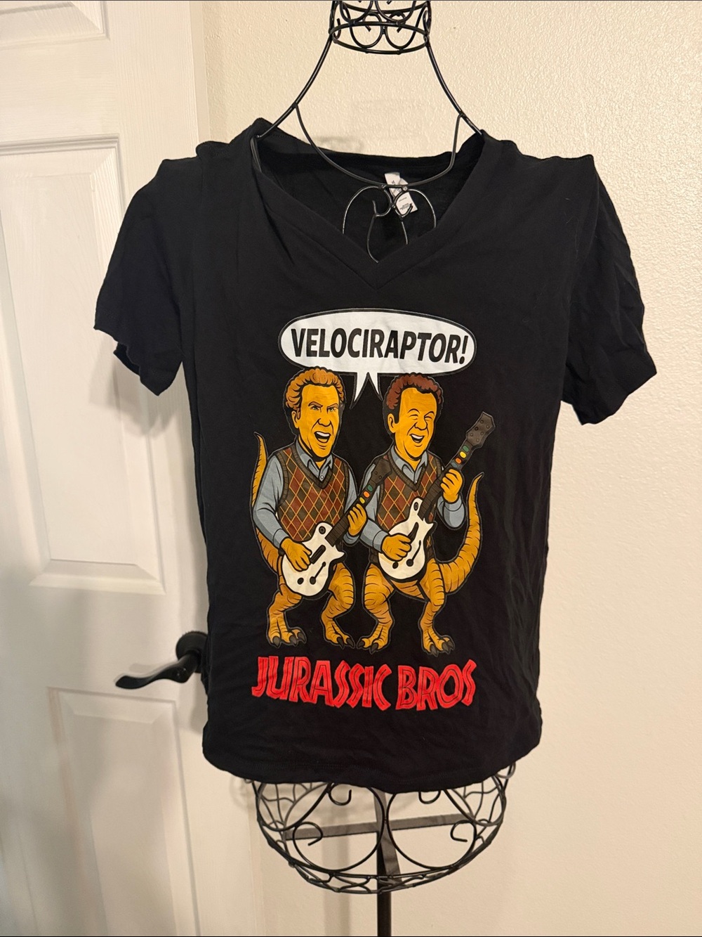 Jurassic Bros Velociraptor! Black Graphic V-Neck Tee